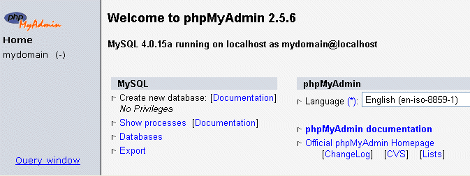 phpMyAdmin welcome page